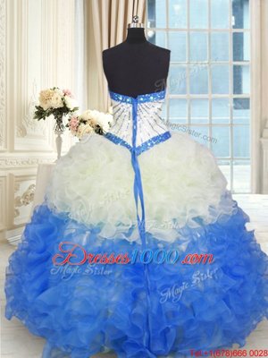 Floor Length Blue And White Sweet 16 Quinceanera Dress Organza Sleeveless Beading and Ruffles