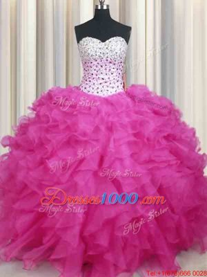 Halter Top Sleeveless Organza Floor Length Lace Up 15 Quinceanera Dress in Hot Pink for with Beading and Ruffles