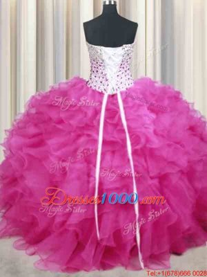 Halter Top Sleeveless Organza Floor Length Lace Up 15 Quinceanera Dress in Hot Pink for with Beading and Ruffles