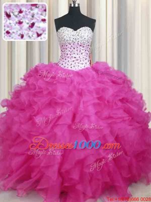 Halter Top Sleeveless Organza Floor Length Lace Up 15 Quinceanera Dress in Hot Pink for with Beading and Ruffles