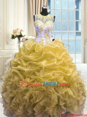 High Quality Scoop Floor Length Ball Gowns Sleeveless Gold Quince Ball Gowns Zipper