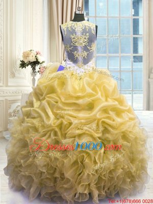 High Quality Scoop Floor Length Ball Gowns Sleeveless Gold Quince Ball Gowns Zipper