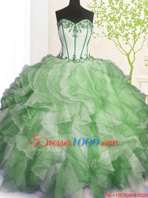 Floor Length Green Sweet 16 Dresses Organza Sleeveless Beading and Ruffles