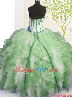 Floor Length Green Sweet 16 Dresses Organza Sleeveless Beading and Ruffles