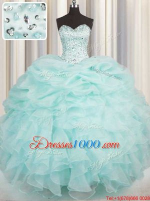New Arrival Sweetheart Sleeveless Quinceanera Gowns Floor Length Beading and Ruffles Aqua Blue Organza