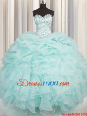 New Arrival Sweetheart Sleeveless Quinceanera Gowns Floor Length Beading and Ruffles Aqua Blue Organza
