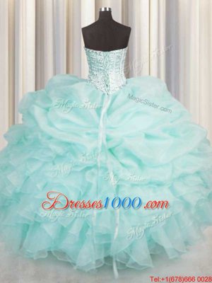 New Arrival Sweetheart Sleeveless Quinceanera Gowns Floor Length Beading and Ruffles Aqua Blue Organza