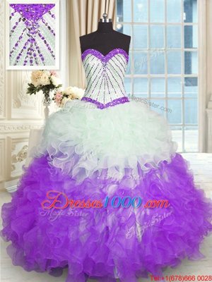 Low Price White And Purple Sweet 16 Dresses Military Ball and Sweet 16 and Quinceanera and For with Beading and Ruffles Sweetheart Sleeveless Lace Up