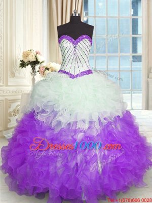 Low Price White And Purple Sweet 16 Dresses Military Ball and Sweet 16 and Quinceanera and For with Beading and Ruffles Sweetheart Sleeveless Lace Up