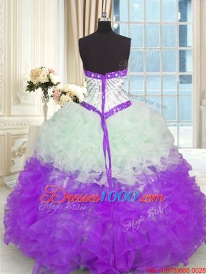 Low Price White And Purple Sweet 16 Dresses Military Ball and Sweet 16 and Quinceanera and For with Beading and Ruffles Sweetheart Sleeveless Lace Up