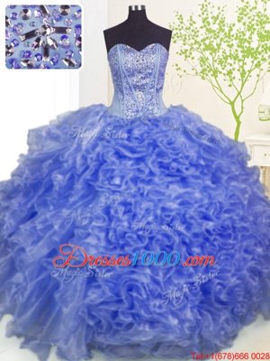 On Sale Blue Sweetheart Neckline Beading and Ruffles and Pick Ups Quinceanera Gown Sleeveless Lace Up
