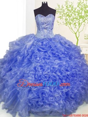 On Sale Blue Sweetheart Neckline Beading and Ruffles and Pick Ups Quinceanera Gown Sleeveless Lace Up