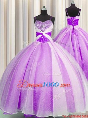 Spaghetti Straps Floor Length Lilac Sweet 16 Dresses Organza Sleeveless Beading and Sequins and Ruching
