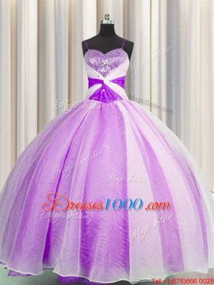 Spaghetti Straps Floor Length Lilac Sweet 16 Dresses Organza Sleeveless Beading and Sequins and Ruching