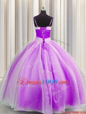 Spaghetti Straps Floor Length Lilac Sweet 16 Dresses Organza Sleeveless Beading and Sequins and Ruching