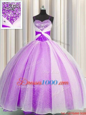 Spaghetti Straps Floor Length Lilac Sweet 16 Dresses Organza Sleeveless Beading and Sequins and Ruching
