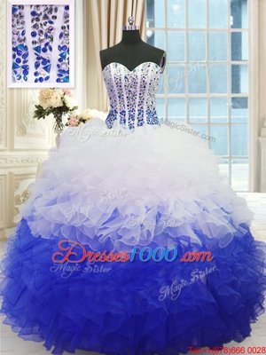 Spectacular Sweetheart Sleeveless Sweet 16 Dresses Floor Length Beading and Ruffles Blue And White Organza
