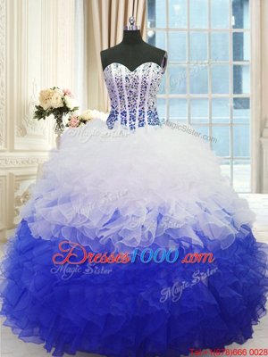 Spectacular Sweetheart Sleeveless Sweet 16 Dresses Floor Length Beading and Ruffles Blue And White Organza