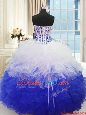 Spectacular Sweetheart Sleeveless Sweet 16 Dresses Floor Length Beading and Ruffles Blue And White Organza