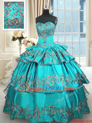 Fine Ruffled Ball Gowns Quinceanera Gown Aqua Blue Sweetheart Taffeta Sleeveless Floor Length Lace Up