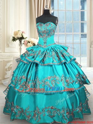 Fine Ruffled Ball Gowns Quinceanera Gown Aqua Blue Sweetheart Taffeta Sleeveless Floor Length Lace Up