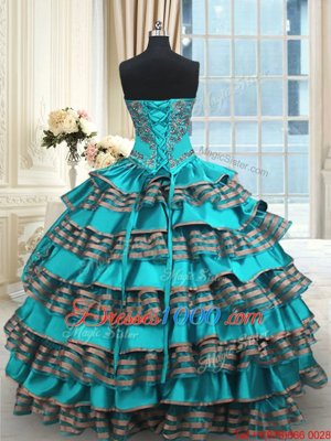 Fine Ruffled Ball Gowns Quinceanera Gown Aqua Blue Sweetheart Taffeta Sleeveless Floor Length Lace Up