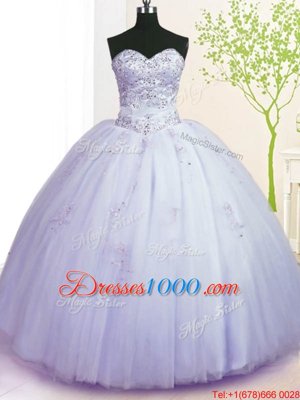 Simple Lavender Ball Gowns Tulle Sweetheart Sleeveless Beading and Appliques Floor Length Lace Up Sweet 16 Dress