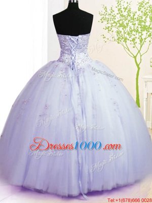 Simple Lavender Ball Gowns Tulle Sweetheart Sleeveless Beading and Appliques Floor Length Lace Up Sweet 16 Dress