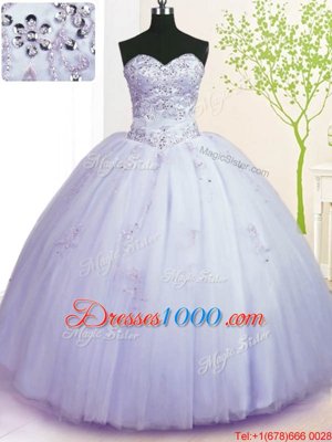 Simple Lavender Ball Gowns Tulle Sweetheart Sleeveless Beading and Appliques Floor Length Lace Up Sweet 16 Dress