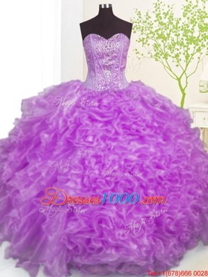 Superior Purple Organza Lace Up Quinceanera Gown Sleeveless Floor Length Beading and Ruffles and Pick Ups