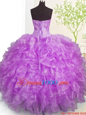 Superior Purple Organza Lace Up Quinceanera Gown Sleeveless Floor Length Beading and Ruffles and Pick Ups