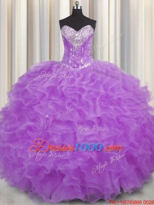 Excellent Halter Top Sleeveless Sweet 16 Dresses Floor Length Beading and Ruffles Purple Organza