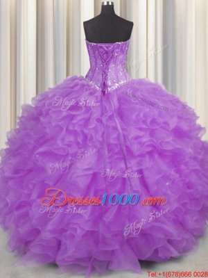 Excellent Halter Top Sleeveless Sweet 16 Dresses Floor Length Beading and Ruffles Purple Organza