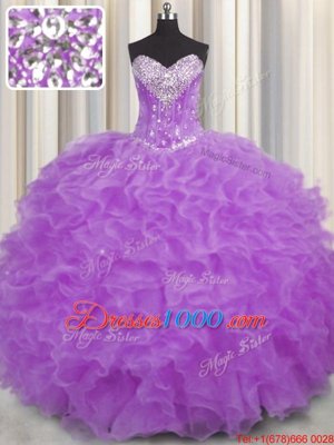 Excellent Halter Top Sleeveless Sweet 16 Dresses Floor Length Beading and Ruffles Purple Organza