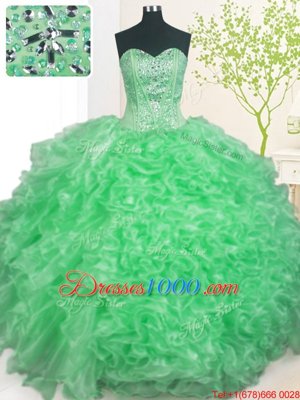 Apple Green Ball Gowns Organza Sweetheart Sleeveless Beading and Ruffles and Pick Ups Floor Length Lace Up Quinceanera Gown