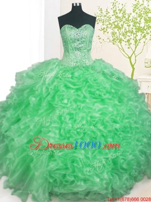 Apple Green Ball Gowns Organza Sweetheart Sleeveless Beading and Ruffles and Pick Ups Floor Length Lace Up Quinceanera Gown