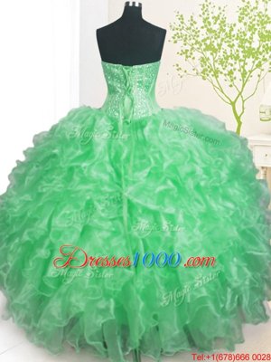 Apple Green Ball Gowns Organza Sweetheart Sleeveless Beading and Ruffles and Pick Ups Floor Length Lace Up Quinceanera Gown