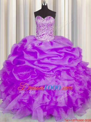 Organza Sleeveless Floor Length 15th Birthday Dress and Beading and Ruffles and Pick Ups