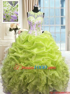 Flare Yellow Green Ball Gowns Scoop Sleeveless Organza Floor Length Zipper Beading and Ruffles Sweet 16 Dress