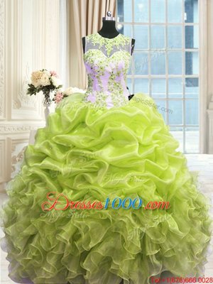 Flare Yellow Green Ball Gowns Scoop Sleeveless Organza Floor Length Zipper Beading and Ruffles Sweet 16 Dress