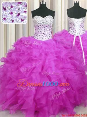 Graceful Fuchsia Sweetheart Lace Up Beading and Ruffles Quinceanera Gowns Sleeveless