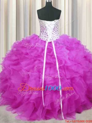 Graceful Fuchsia Sweetheart Lace Up Beading and Ruffles Quinceanera Gowns Sleeveless