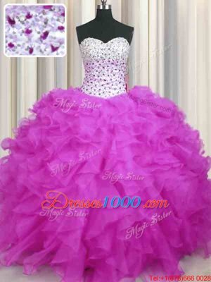 Graceful Fuchsia Sweetheart Lace Up Beading and Ruffles Quinceanera Gowns Sleeveless