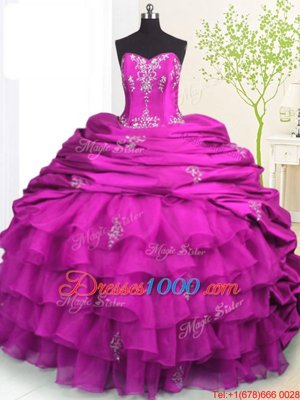 Modern Pick Ups Ruffled Fuchsia Sleeveless Organza and Taffeta Brush Train Lace Up Quinceanera Dresses for Military Ball and Sweet 16 and Quinceanera