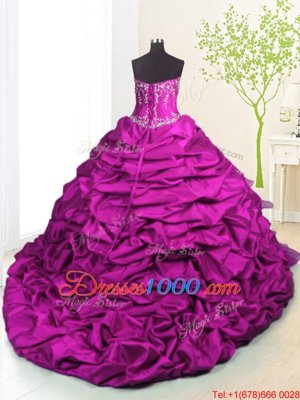 Modern Pick Ups Ruffled Fuchsia Sleeveless Organza and Taffeta Brush Train Lace Up Quinceanera Dresses for Military Ball and Sweet 16 and Quinceanera