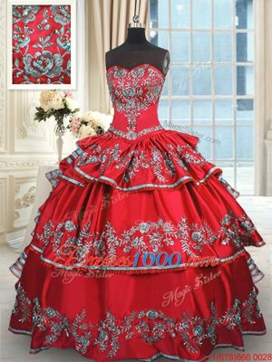 Popular Floor Length Red Quince Ball Gowns Taffeta Sleeveless Embroidery and Ruffled Layers