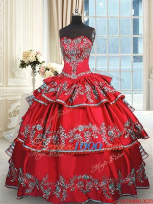 Popular Floor Length Red Quince Ball Gowns Taffeta Sleeveless Embroidery and Ruffled Layers