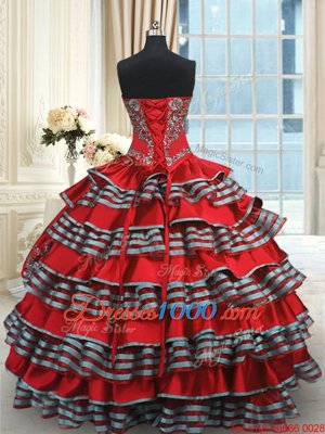 Popular Floor Length Red Quince Ball Gowns Taffeta Sleeveless Embroidery and Ruffled Layers