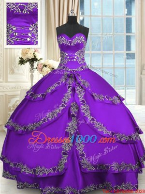 Taffeta Sleeveless Floor Length Quince Ball Gowns and Beading and Appliques and Ruffled Layers