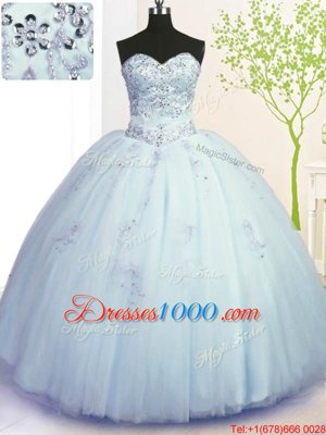 Pretty Light Blue Tulle Lace Up Quinceanera Dress Sleeveless Floor Length Beading and Appliques